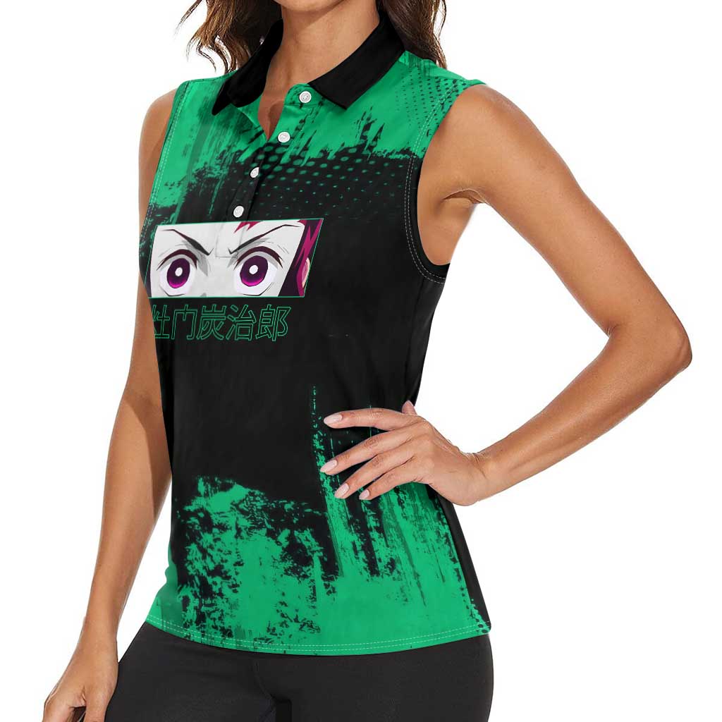 Tanjiro Kamado Demon Slayer Green Grunge Design Women Sleeveless Polo Shirt with Determined Eyes and Classic Checkered Haori - The Mazicc