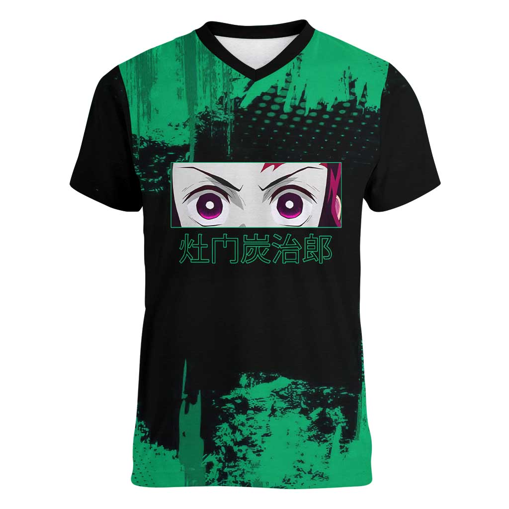 Tanjiro Kamado Demon Slayer Green Grunge Design Women V-Neck T-Shirt with Determined Eyes and Classic Checkered Haori - The Mazicc