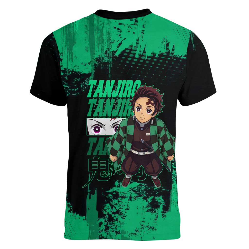 Tanjiro Kamado Demon Slayer Green Grunge Design Women V-Neck T-Shirt with Determined Eyes and Classic Checkered Haori - The Mazicc