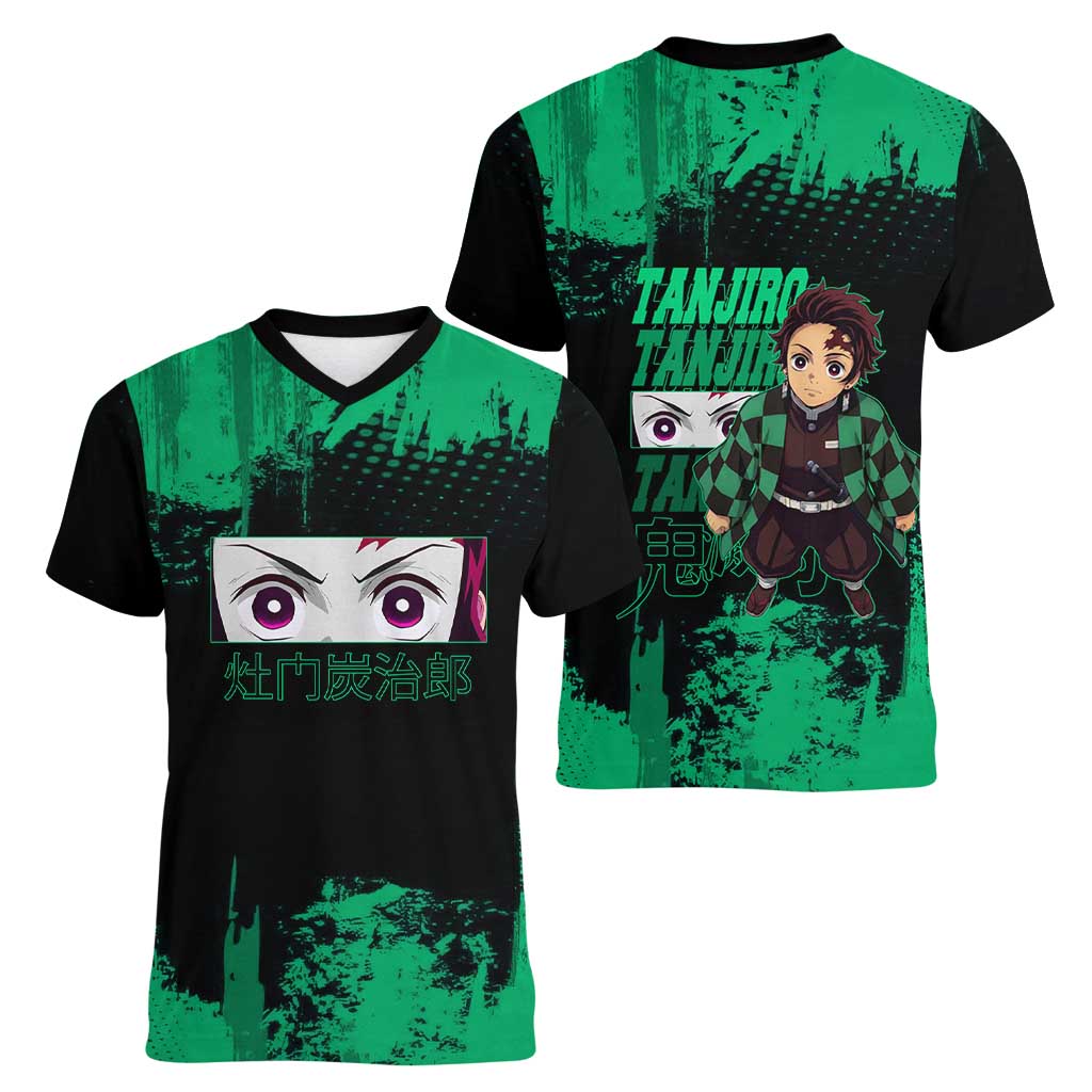 Tanjiro Kamado Demon Slayer Green Grunge Design Women V-Neck T-Shirt with Determined Eyes and Classic Checkered Haori - The Mazicc