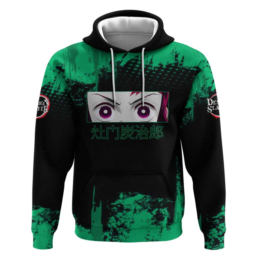 Tanjiro Kamado Demon Slayer Green Grunge Design Zip Hoodie with Determined Eyes and Classic Checkered Haori - The Mazicc
