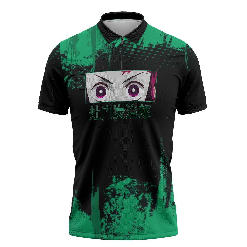Tanjiro Kamado Demon Slayer Green Grunge Design Zipper Polo Shirt with Determined Eyes and Classic Checkered Haori - The Mazicc