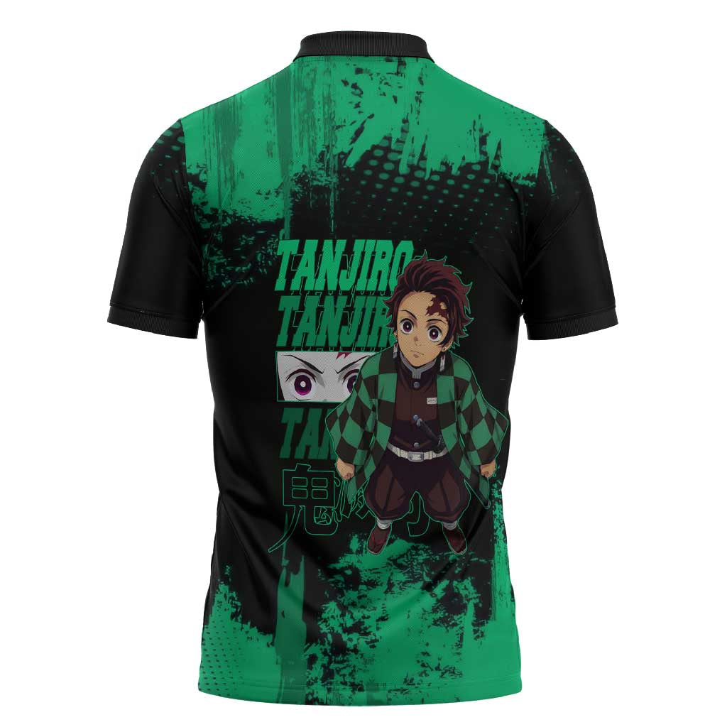 Tanjiro Kamado Demon Slayer Green Grunge Design Zipper Polo Shirt with Determined Eyes and Classic Checkered Haori - The Mazicc