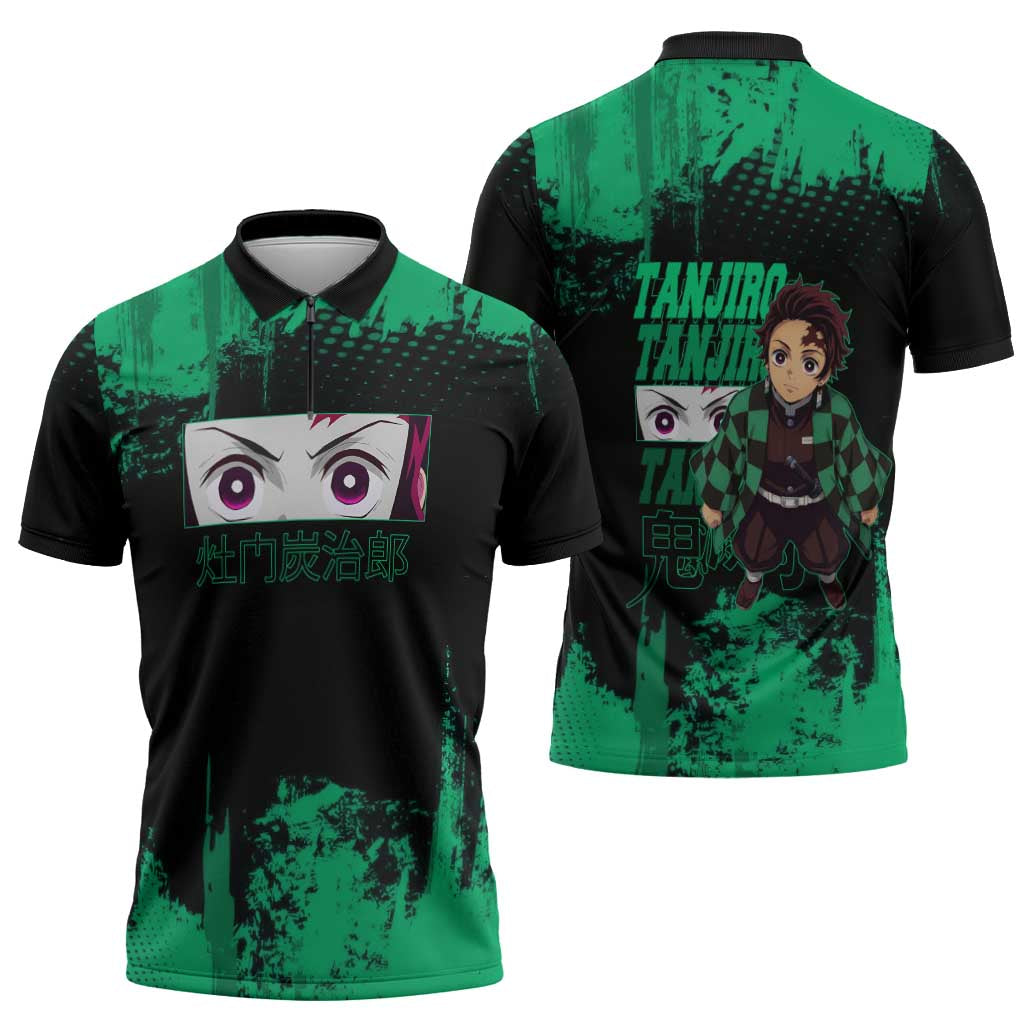 Tanjiro Kamado Demon Slayer Green Grunge Design Zipper Polo Shirt with Determined Eyes and Classic Checkered Haori - The Mazicc