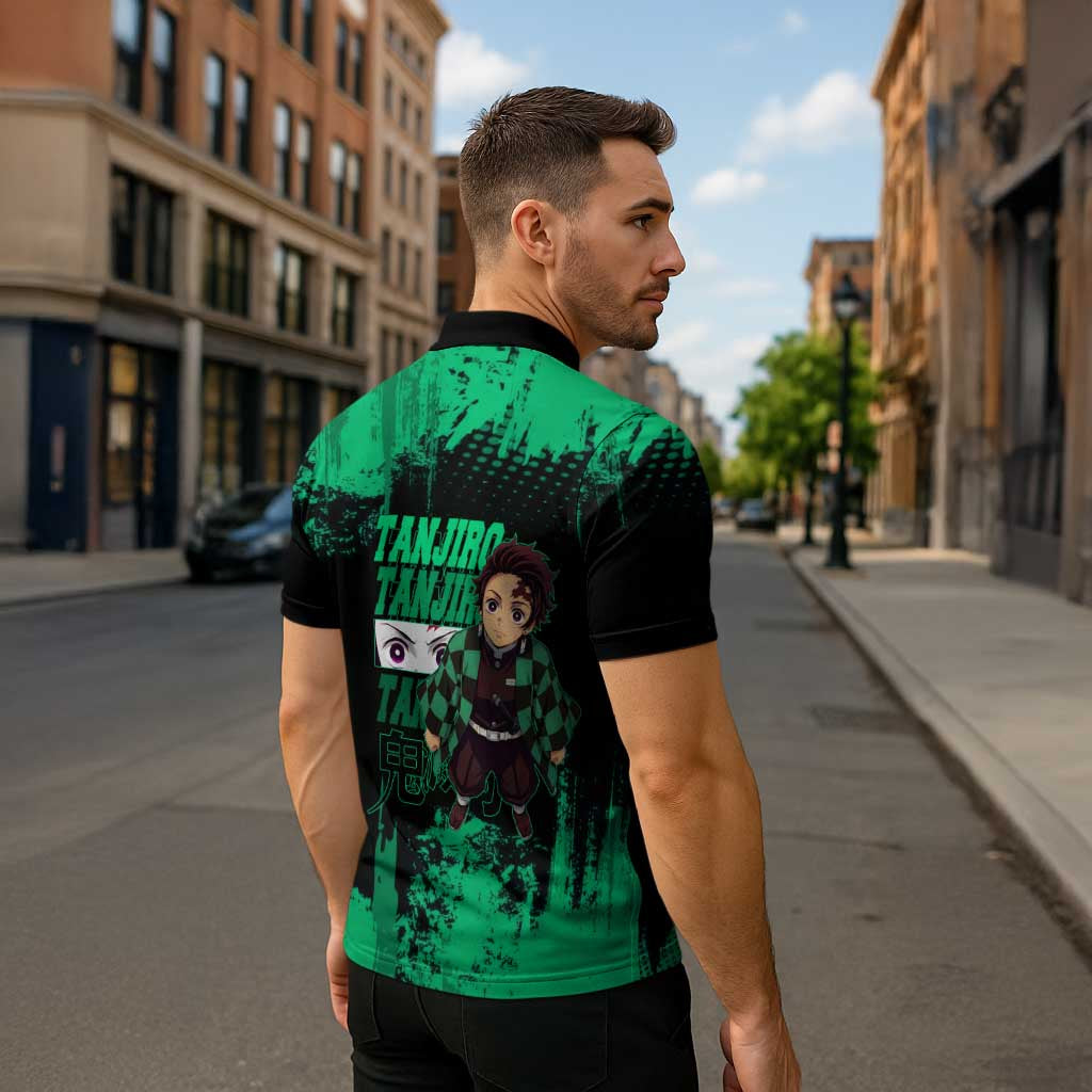 Tanjiro Kamado Demon Slayer Green Grunge Design Zipper Polo Shirt with Determined Eyes and Classic Checkered Haori - The Mazicc