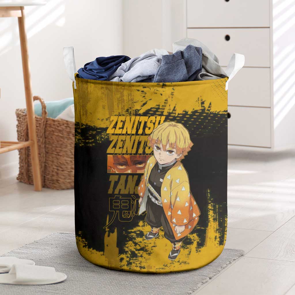 Zenitsu Agatsuma Demon Slayer Yellow Grunge Design Laundry Basket with Lightning Eyes and Bold Pose - The Mazicc