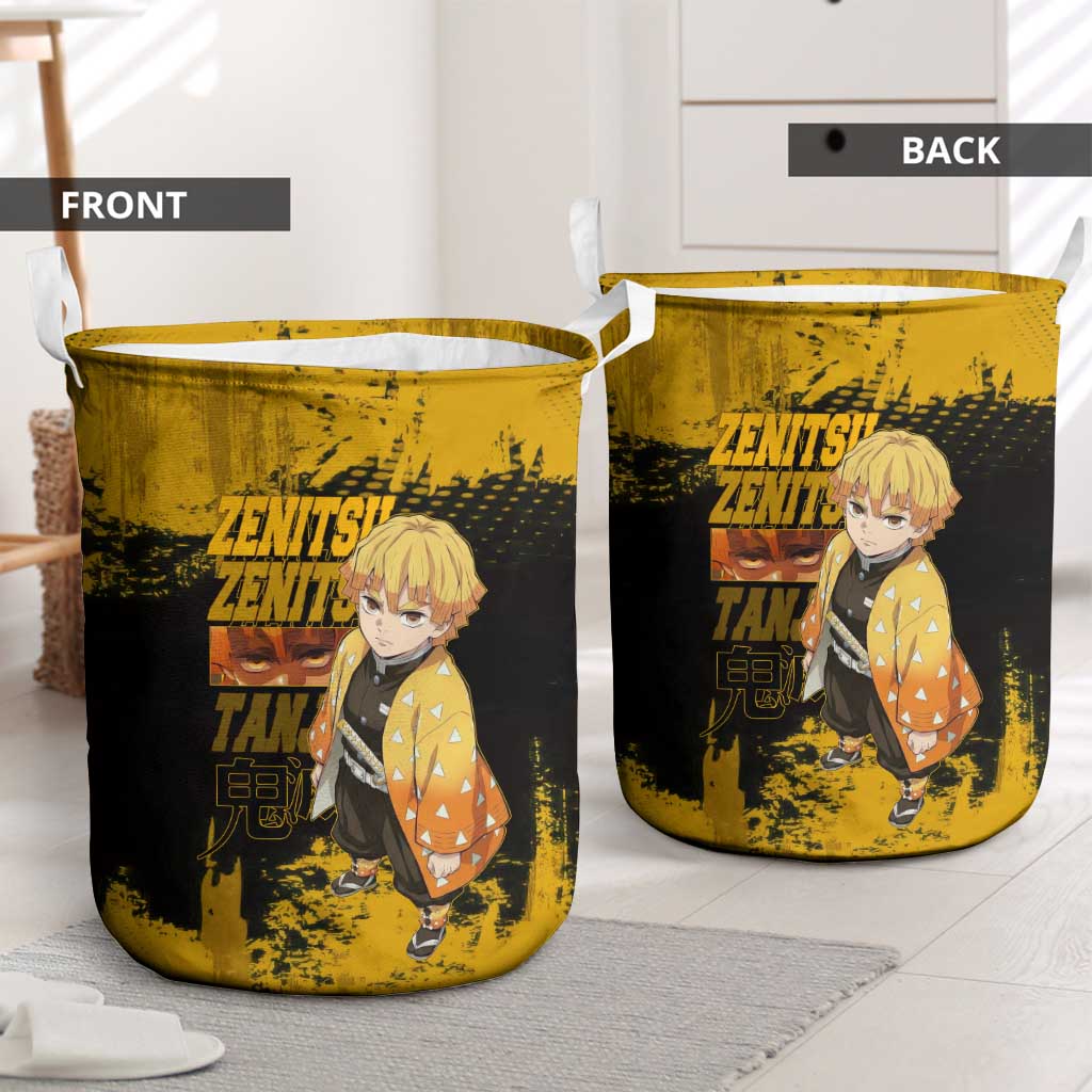 Zenitsu Agatsuma Demon Slayer Yellow Grunge Design Laundry Basket with Lightning Eyes and Bold Pose - The Mazicc