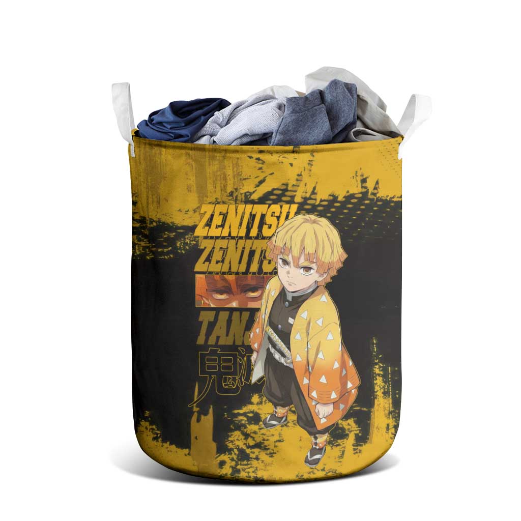 Zenitsu Agatsuma Demon Slayer Yellow Grunge Design Laundry Basket with Lightning Eyes and Bold Pose - The Mazicc