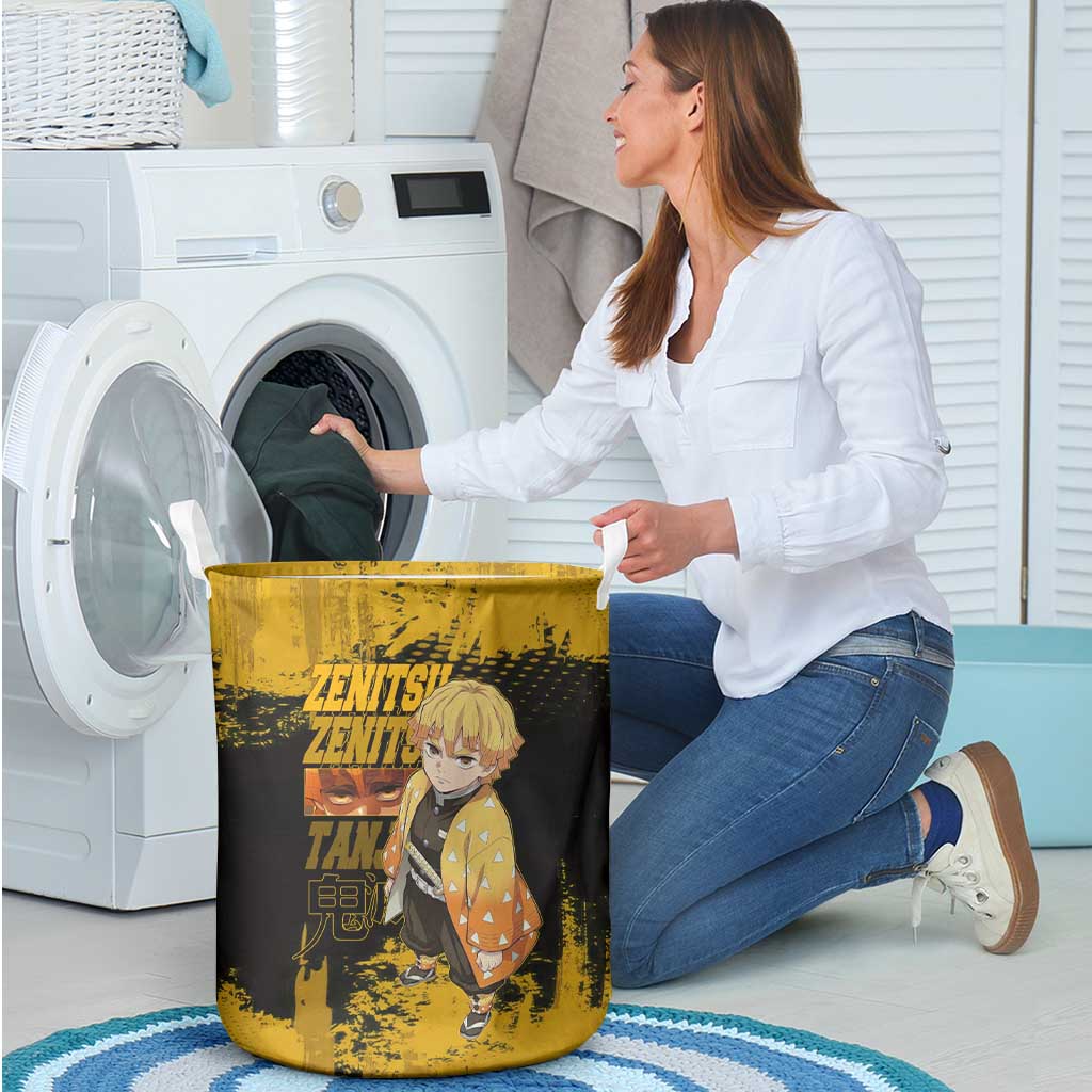 Zenitsu Agatsuma Demon Slayer Yellow Grunge Design Laundry Basket with Lightning Eyes and Bold Pose - The Mazicc