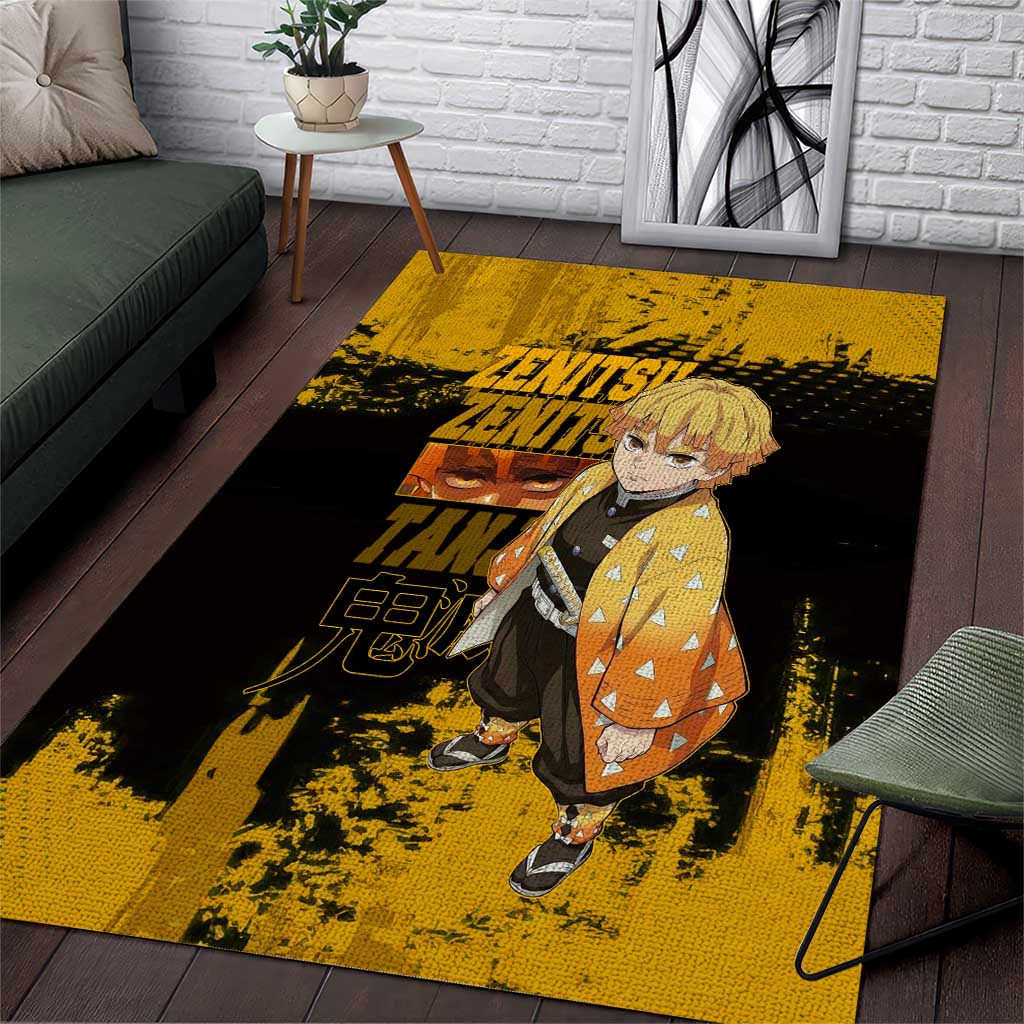 Zenitsu Agatsuma Demon Slayer Yellow Grunge Design Area Rug with Lightning Eyes and Bold Pose - The Mazicc