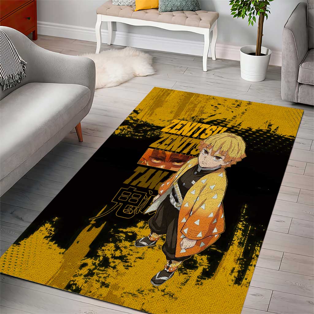 Zenitsu Agatsuma Demon Slayer Yellow Grunge Design Area Rug with Lightning Eyes and Bold Pose - The Mazicc