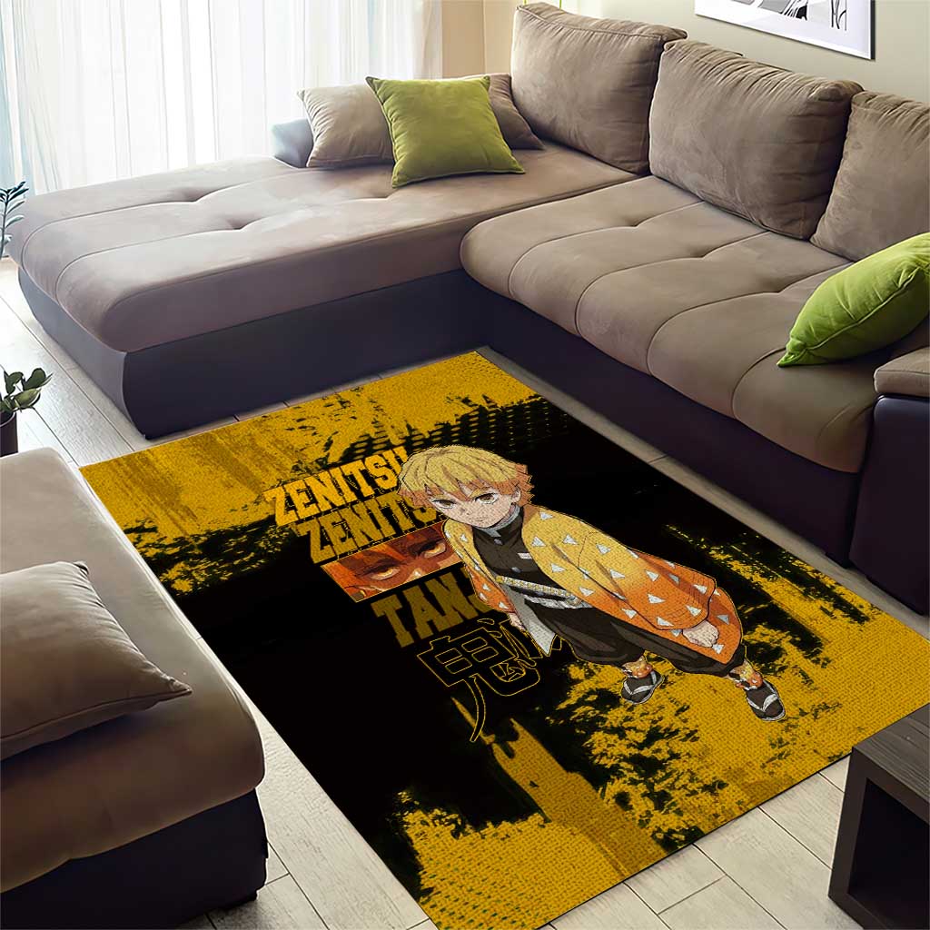 Zenitsu Agatsuma Demon Slayer Yellow Grunge Design Area Rug with Lightning Eyes and Bold Pose - The Mazicc
