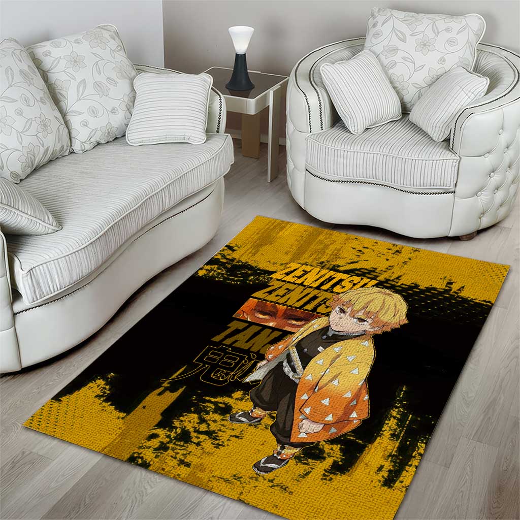 Zenitsu Agatsuma Demon Slayer Yellow Grunge Design Area Rug with Lightning Eyes and Bold Pose - The Mazicc