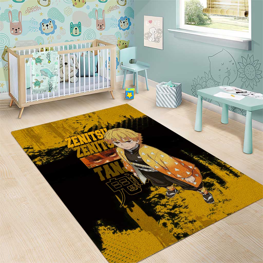 Zenitsu Agatsuma Demon Slayer Yellow Grunge Design Area Rug with Lightning Eyes and Bold Pose - The Mazicc