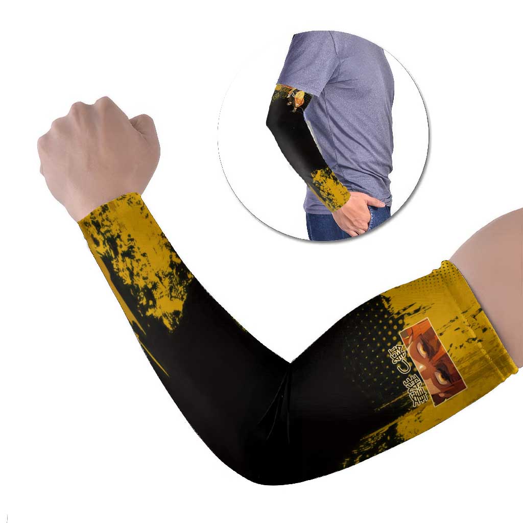 Zenitsu Agatsuma Demon Slayer Yellow Grunge Design Arm Sleeves with Lightning Eyes and Bold Pose - The Mazicc
