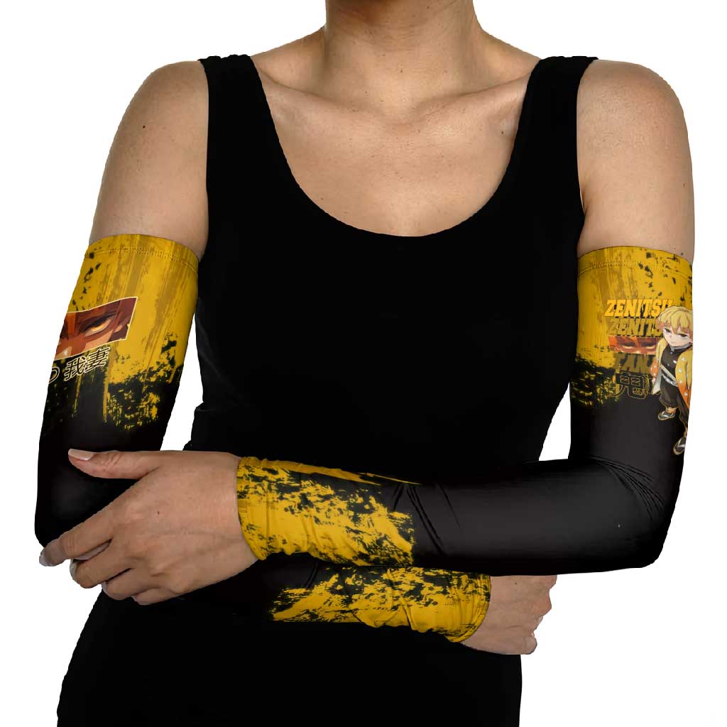 Zenitsu Agatsuma Demon Slayer Yellow Grunge Design Arm Sleeves with Lightning Eyes and Bold Pose - The Mazicc