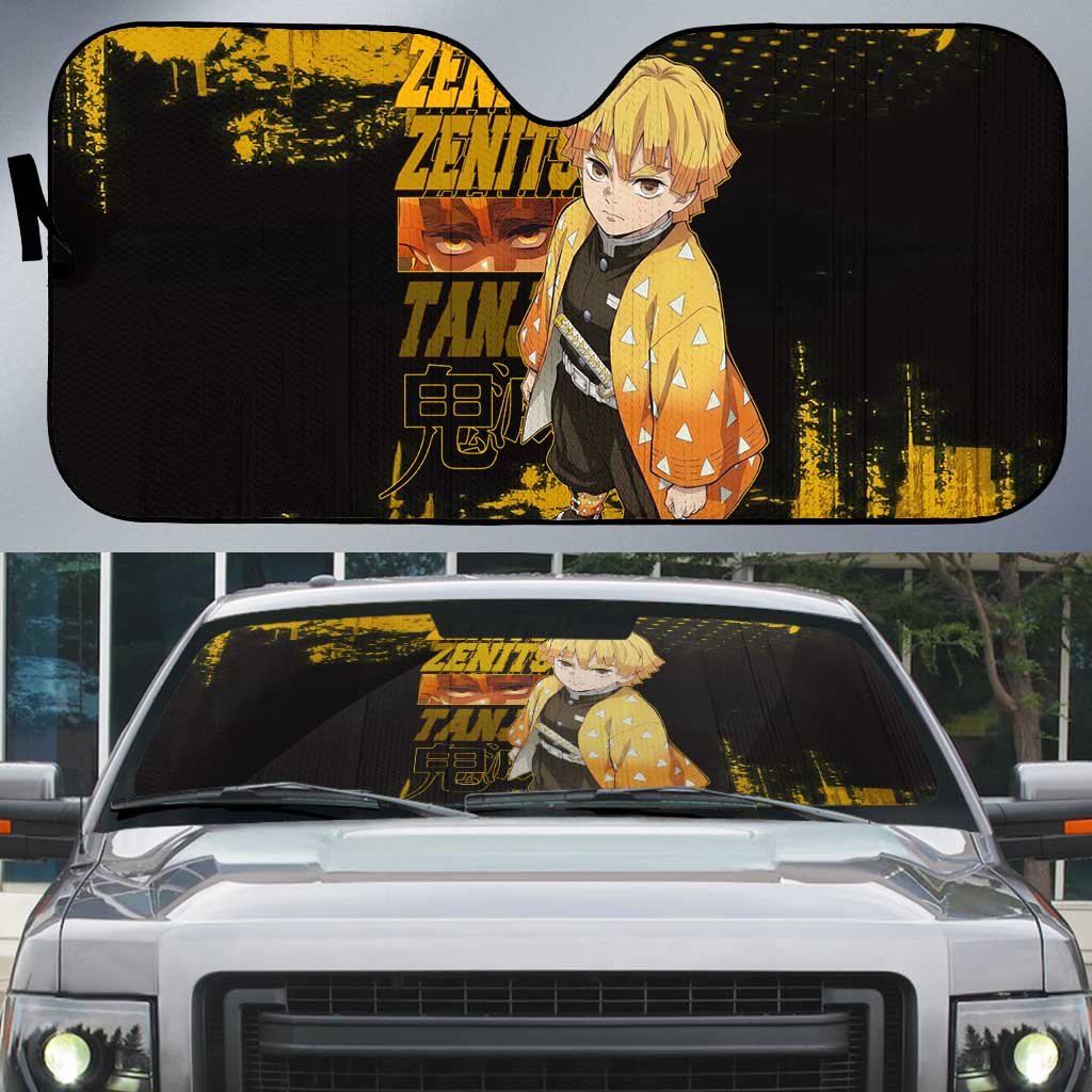 Zenitsu Agatsuma Demon Slayer Yellow Grunge Design Auto Sun Shade with Lightning Eyes and Bold Pose - The Mazicc