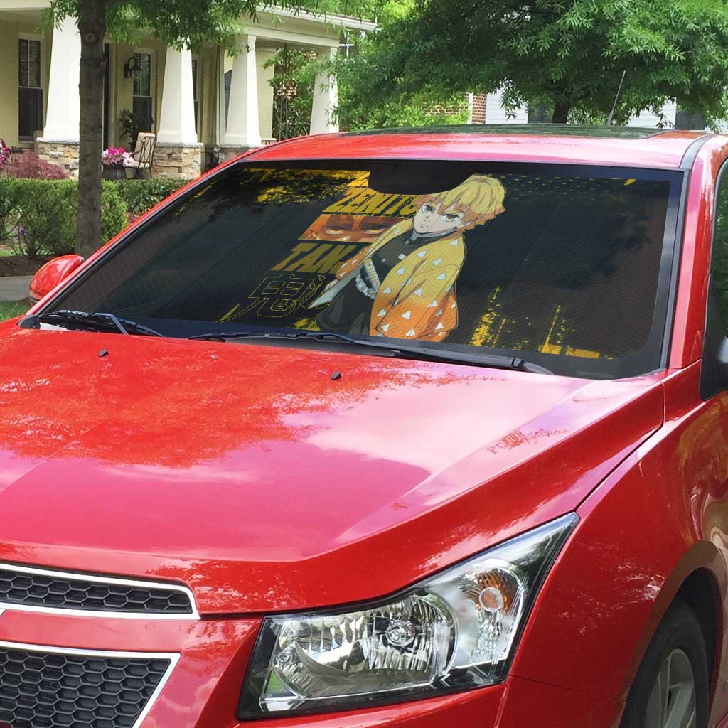 Zenitsu Agatsuma Demon Slayer Yellow Grunge Design Auto Sun Shade with Lightning Eyes and Bold Pose - The Mazicc