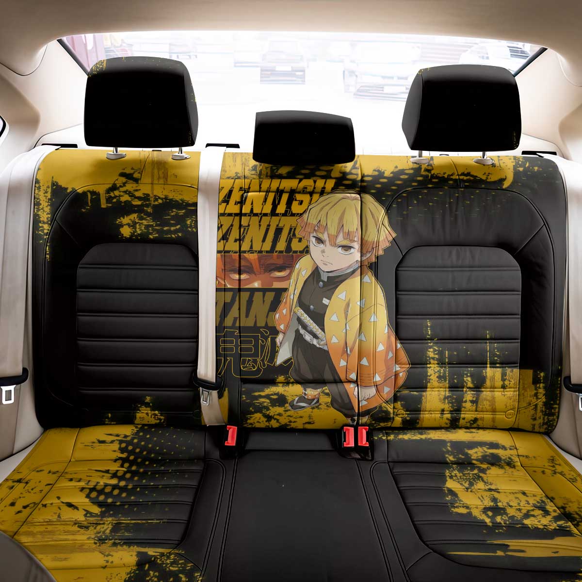 Zenitsu Agatsuma Demon Slayer Yellow Grunge Design Back Car Seat Cover with Lightning Eyes and Bold Pose - The Mazicc