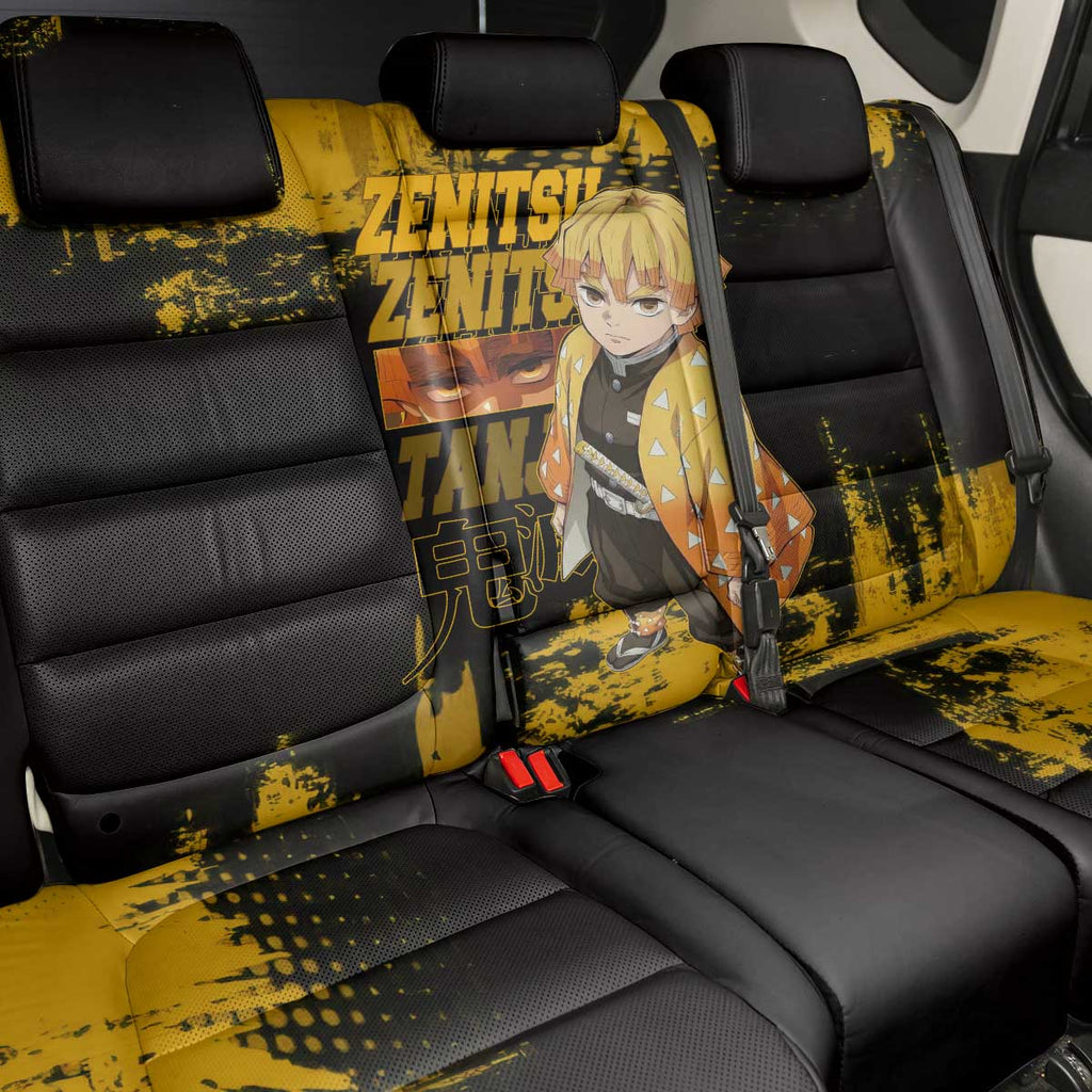 Zenitsu Agatsuma Demon Slayer Yellow Grunge Design Back Car Seat Cover with Lightning Eyes and Bold Pose - The Mazicc