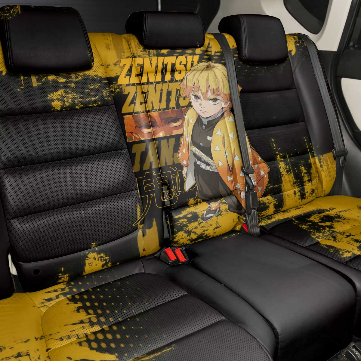 Zenitsu Agatsuma Demon Slayer Yellow Grunge Design Back Car Seat Cover with Lightning Eyes and Bold Pose - The Mazicc