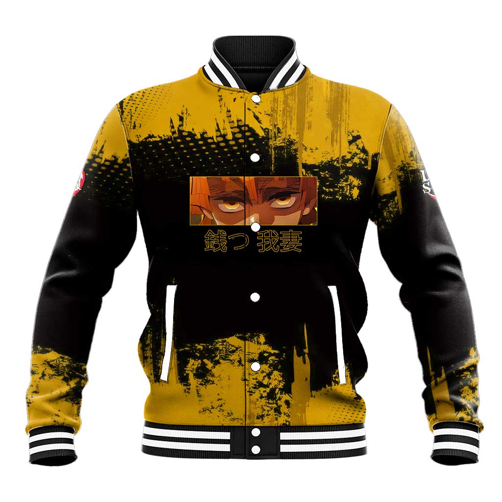 Zenitsu Agatsuma Demon Slayer Yellow Grunge Design Baseball Jacket with Lightning Eyes and Bold Pose - The Mazicc