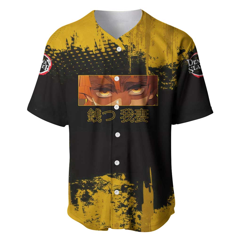Zenitsu Agatsuma Demon Slayer Yellow Grunge Design Baseball Jersey with Lightning Eyes and Bold Pose - The Mazicc