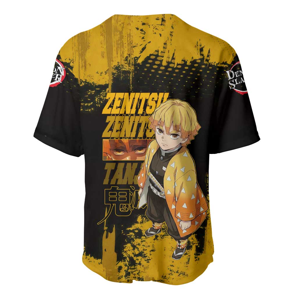 Zenitsu Agatsuma Demon Slayer Yellow Grunge Design Baseball Jersey with Lightning Eyes and Bold Pose - The Mazicc