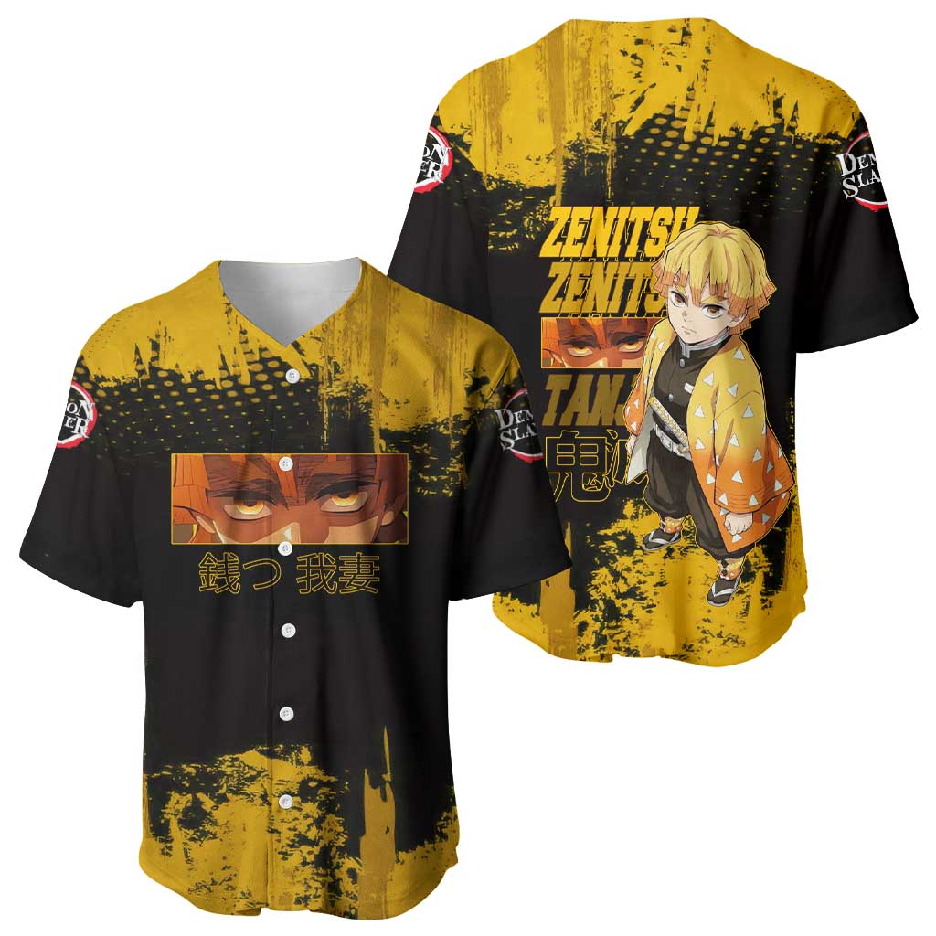 Zenitsu Agatsuma Demon Slayer Yellow Grunge Design Baseball Jersey with Lightning Eyes and Bold Pose - The Mazicc