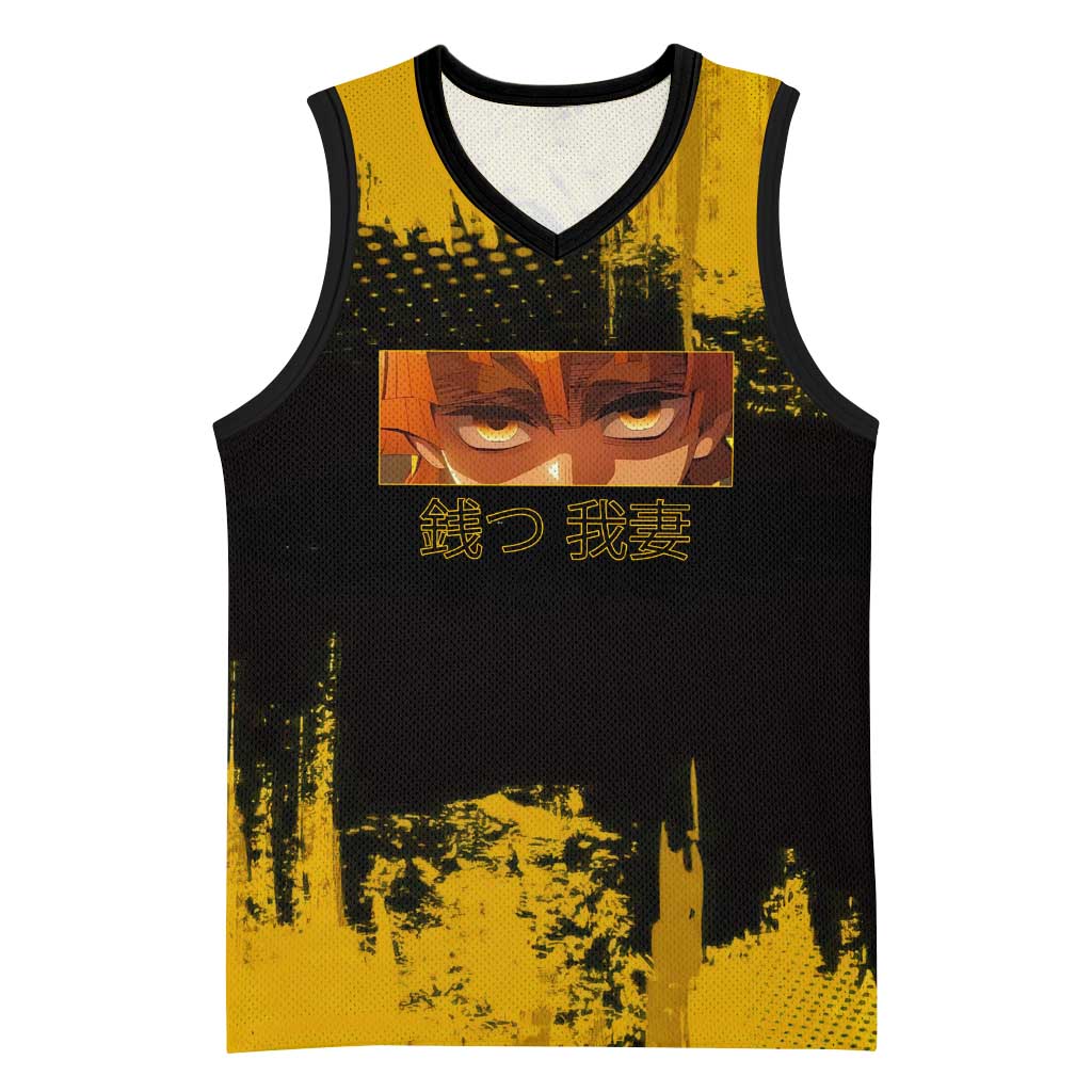 Zenitsu Agatsuma Demon Slayer Yellow Grunge Design Basketball Jersey with Lightning Eyes and Bold Pose - The Mazicc