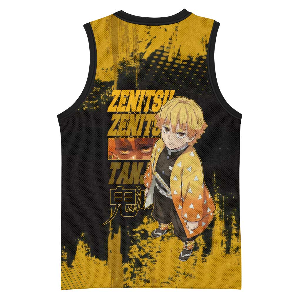 Zenitsu Agatsuma Demon Slayer Yellow Grunge Design Basketball Jersey with Lightning Eyes and Bold Pose - The Mazicc