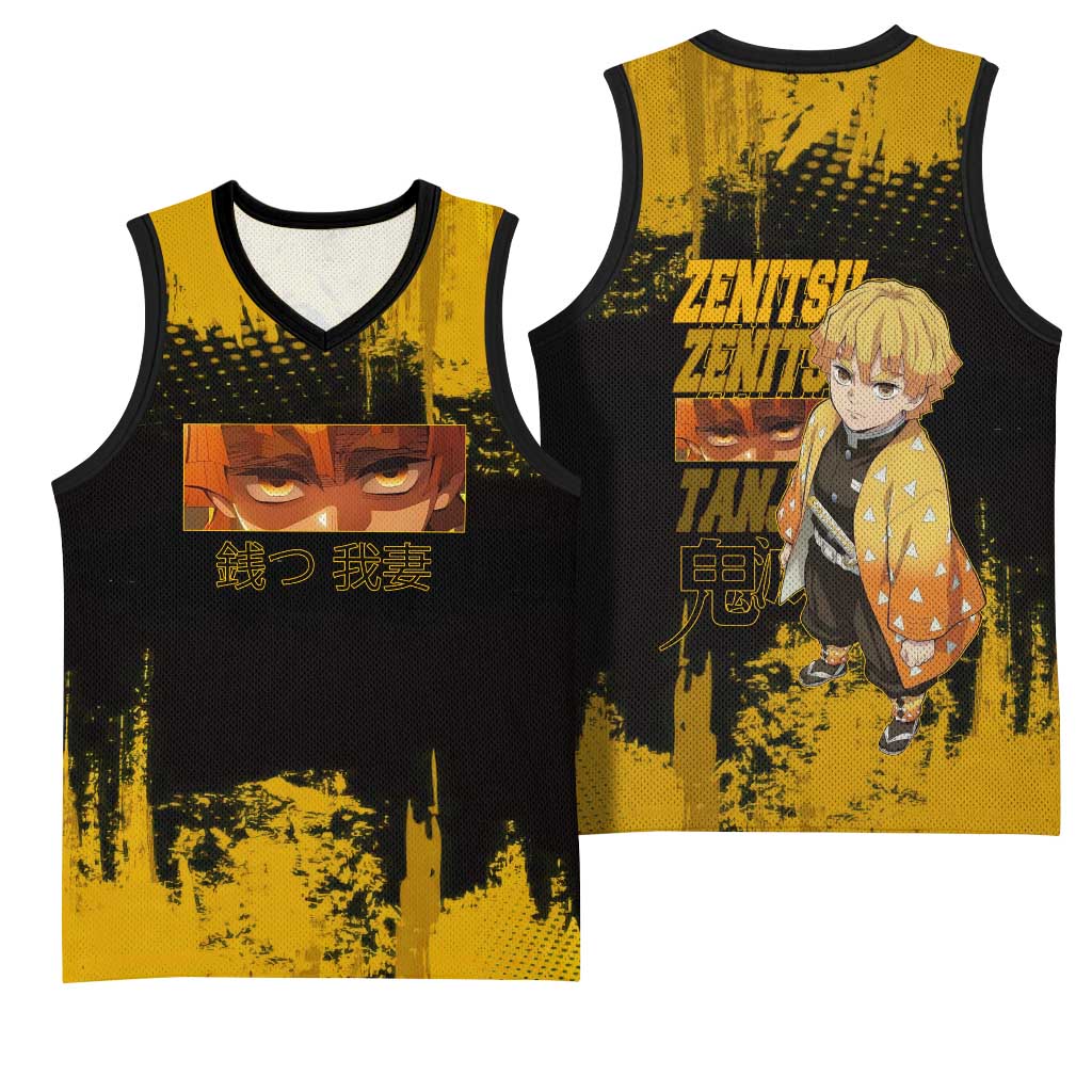 Zenitsu Agatsuma Demon Slayer Yellow Grunge Design Basketball Jersey with Lightning Eyes and Bold Pose - The Mazicc