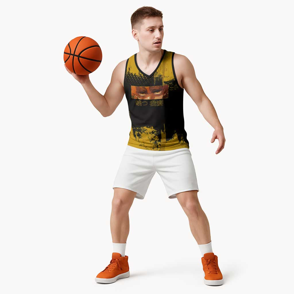 Zenitsu Agatsuma Demon Slayer Yellow Grunge Design Basketball Jersey with Lightning Eyes and Bold Pose - The Mazicc
