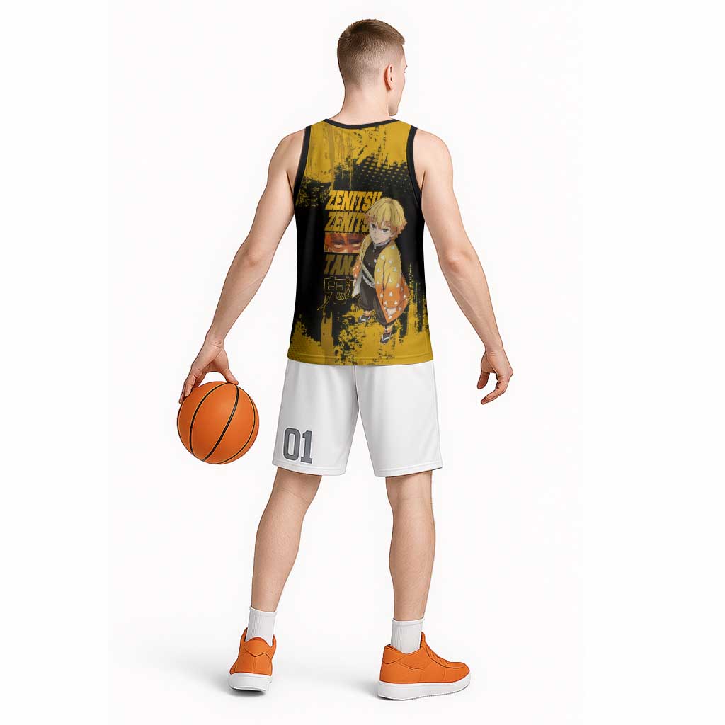 Zenitsu Agatsuma Demon Slayer Yellow Grunge Design Basketball Jersey with Lightning Eyes and Bold Pose - The Mazicc
