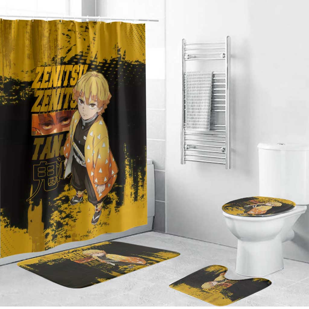 Zenitsu Agatsuma Demon Slayer Yellow Grunge Design Bathroom Set with Lightning Eyes and Bold Pose - The Mazicc