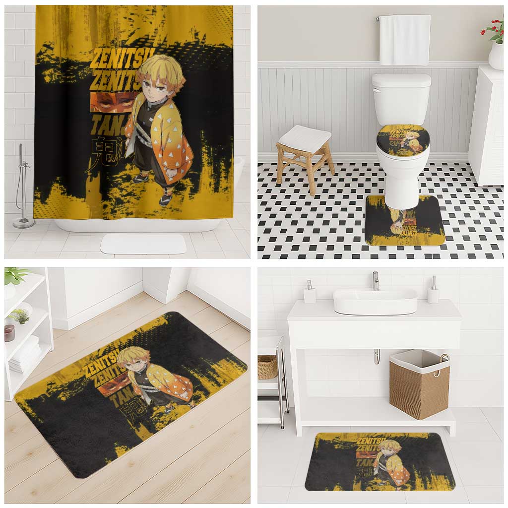 Zenitsu Agatsuma Demon Slayer Yellow Grunge Design Bathroom Set with Lightning Eyes and Bold Pose - The Mazicc
