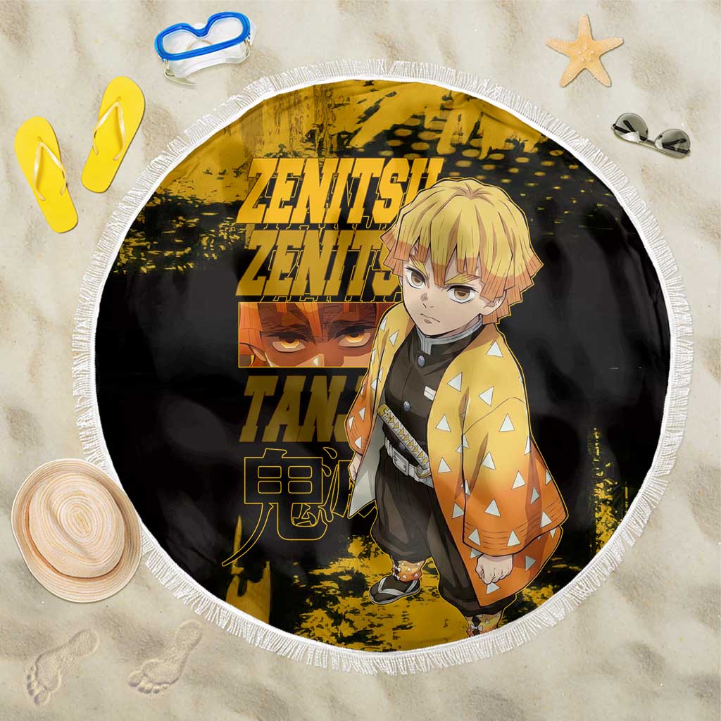 Zenitsu Agatsuma Demon Slayer Yellow Grunge Design Beach Blanket with Lightning Eyes and Bold Pose - The Mazicc