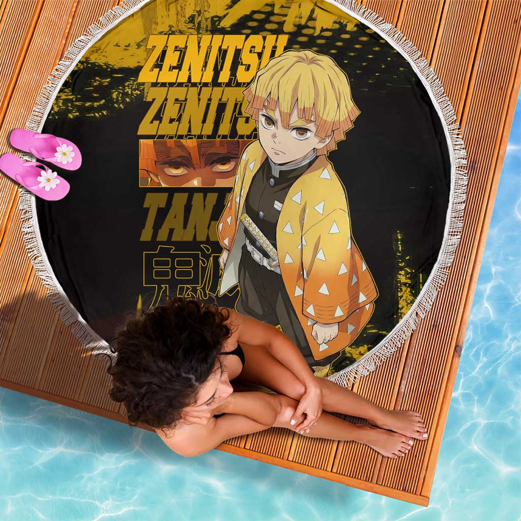 Zenitsu Agatsuma Demon Slayer Yellow Grunge Design Beach Blanket with Lightning Eyes and Bold Pose - The Mazicc