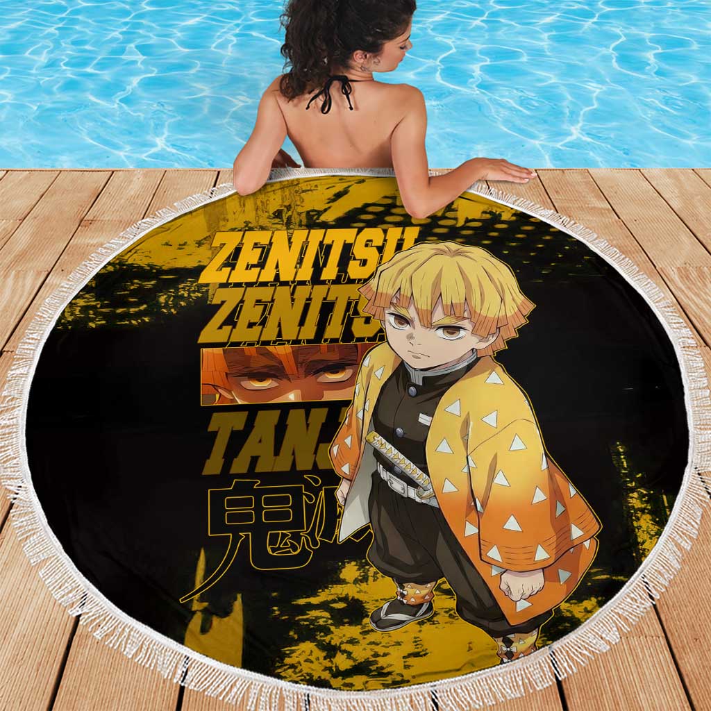 Zenitsu Agatsuma Demon Slayer Yellow Grunge Design Beach Blanket with Lightning Eyes and Bold Pose - The Mazicc