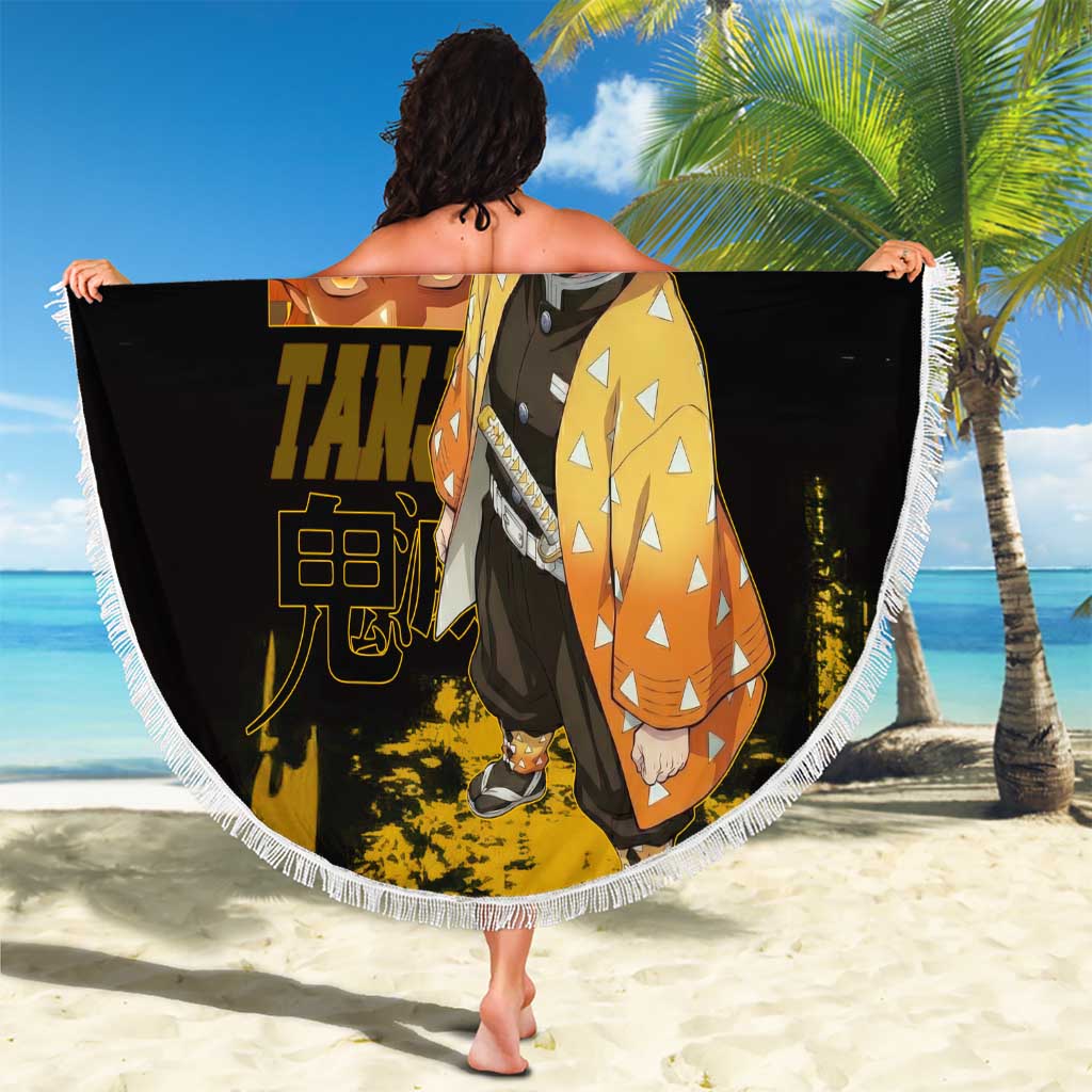 Zenitsu Agatsuma Demon Slayer Yellow Grunge Design Beach Blanket with Lightning Eyes and Bold Pose - The Mazicc