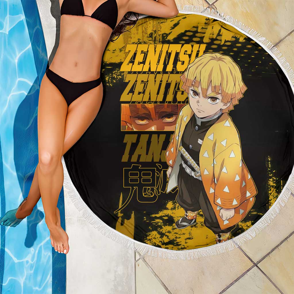 Zenitsu Agatsuma Demon Slayer Yellow Grunge Design Beach Blanket with Lightning Eyes and Bold Pose - The Mazicc