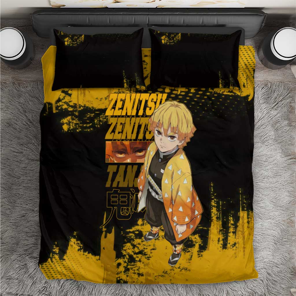 Zenitsu Agatsuma Demon Slayer Yellow Grunge Design Bedding Set with Lightning Eyes and Bold Pose - The Mazicc