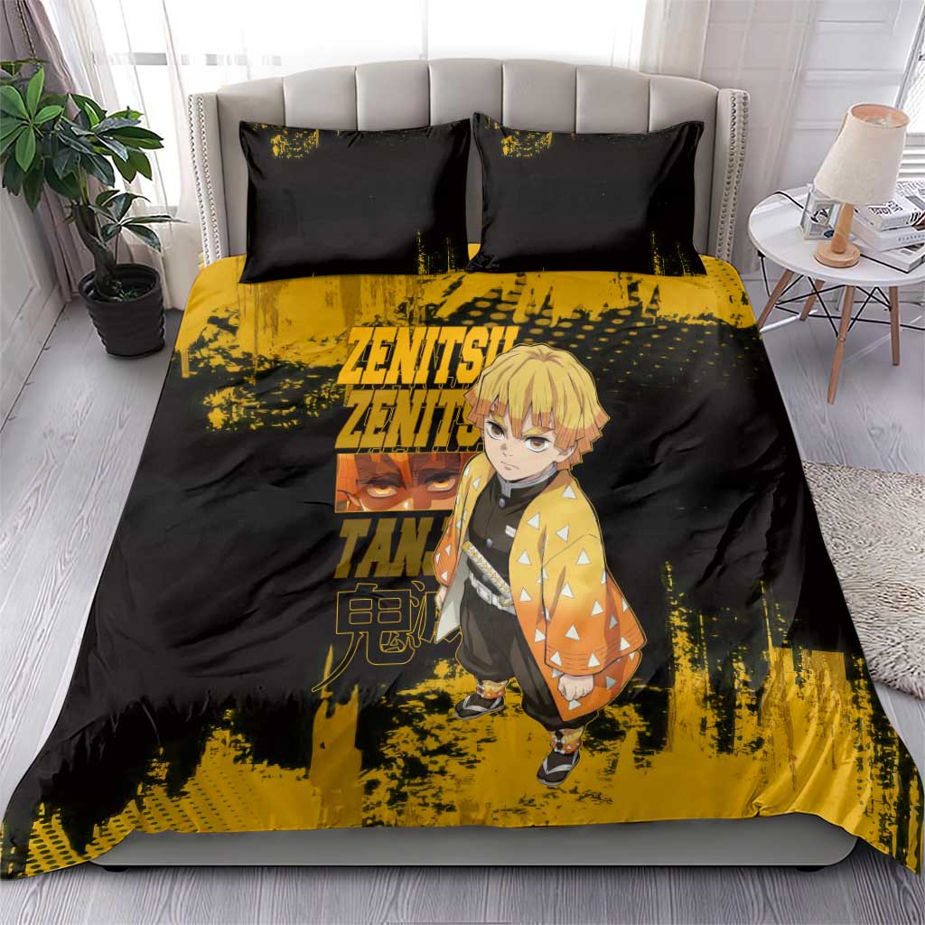 Zenitsu Agatsuma Demon Slayer Yellow Grunge Design Bedding Set with Lightning Eyes and Bold Pose - The Mazicc