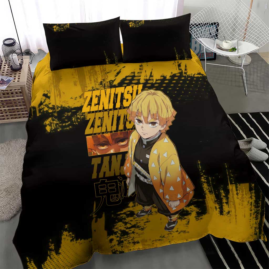 Zenitsu Agatsuma Demon Slayer Yellow Grunge Design Bedding Set with Lightning Eyes and Bold Pose - The Mazicc