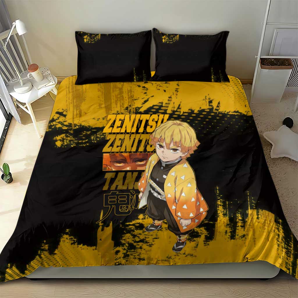 Zenitsu Agatsuma Demon Slayer Yellow Grunge Design Bedding Set with Lightning Eyes and Bold Pose - The Mazicc
