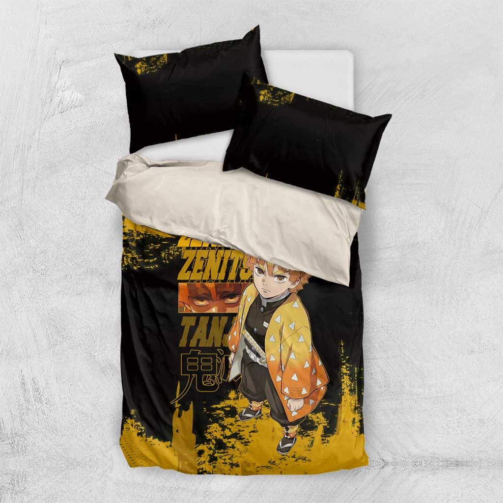 Zenitsu Agatsuma Demon Slayer Yellow Grunge Design Bedding Set with Lightning Eyes and Bold Pose - The Mazicc