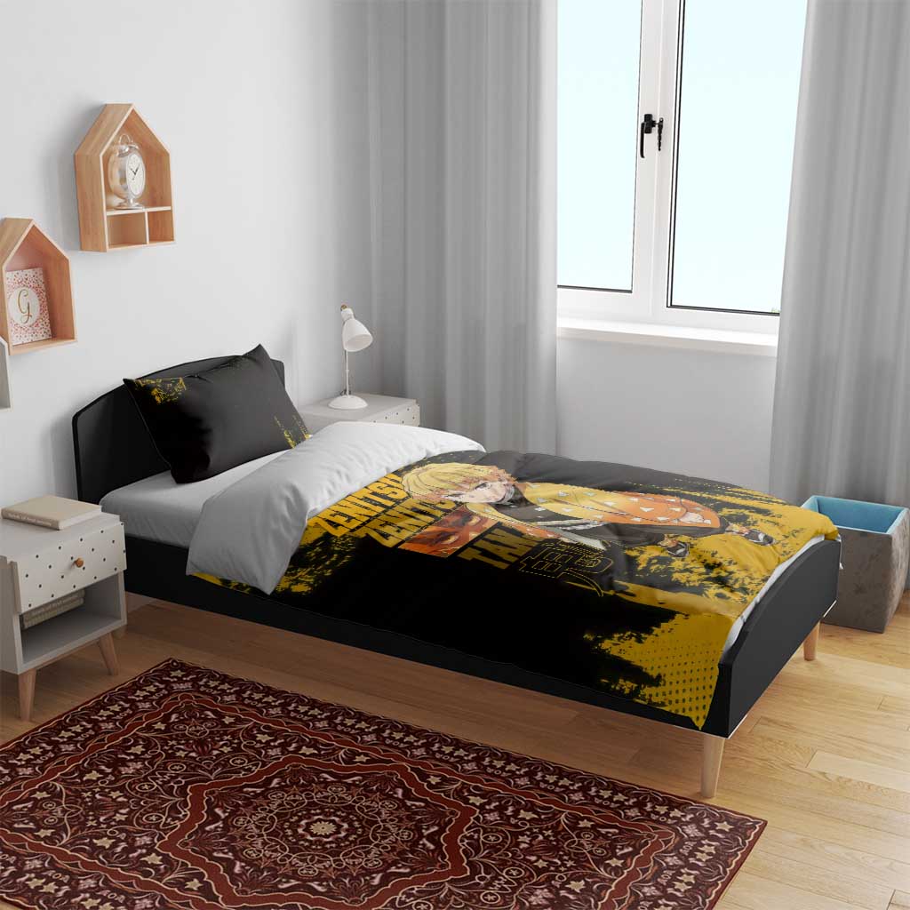 Zenitsu Agatsuma Demon Slayer Yellow Grunge Design Bedding Set with Lightning Eyes and Bold Pose - The Mazicc