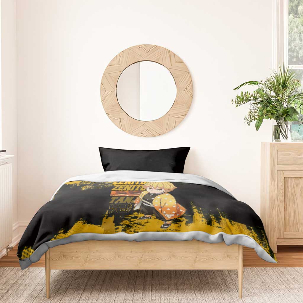 Zenitsu Agatsuma Demon Slayer Yellow Grunge Design Bedding Set with Lightning Eyes and Bold Pose - The Mazicc