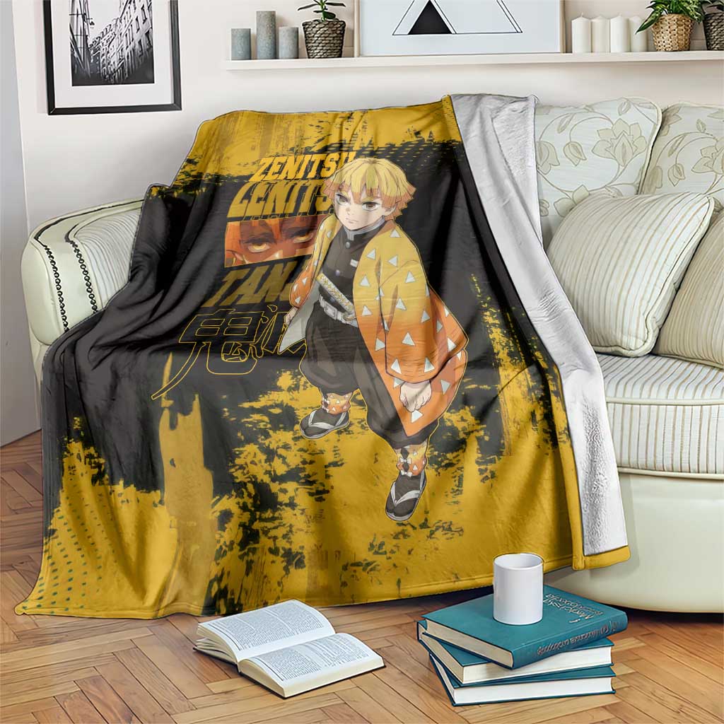 Zenitsu Agatsuma Demon Slayer Yellow Grunge Design Blanket with Lightning Eyes and Bold Pose - The Mazicc