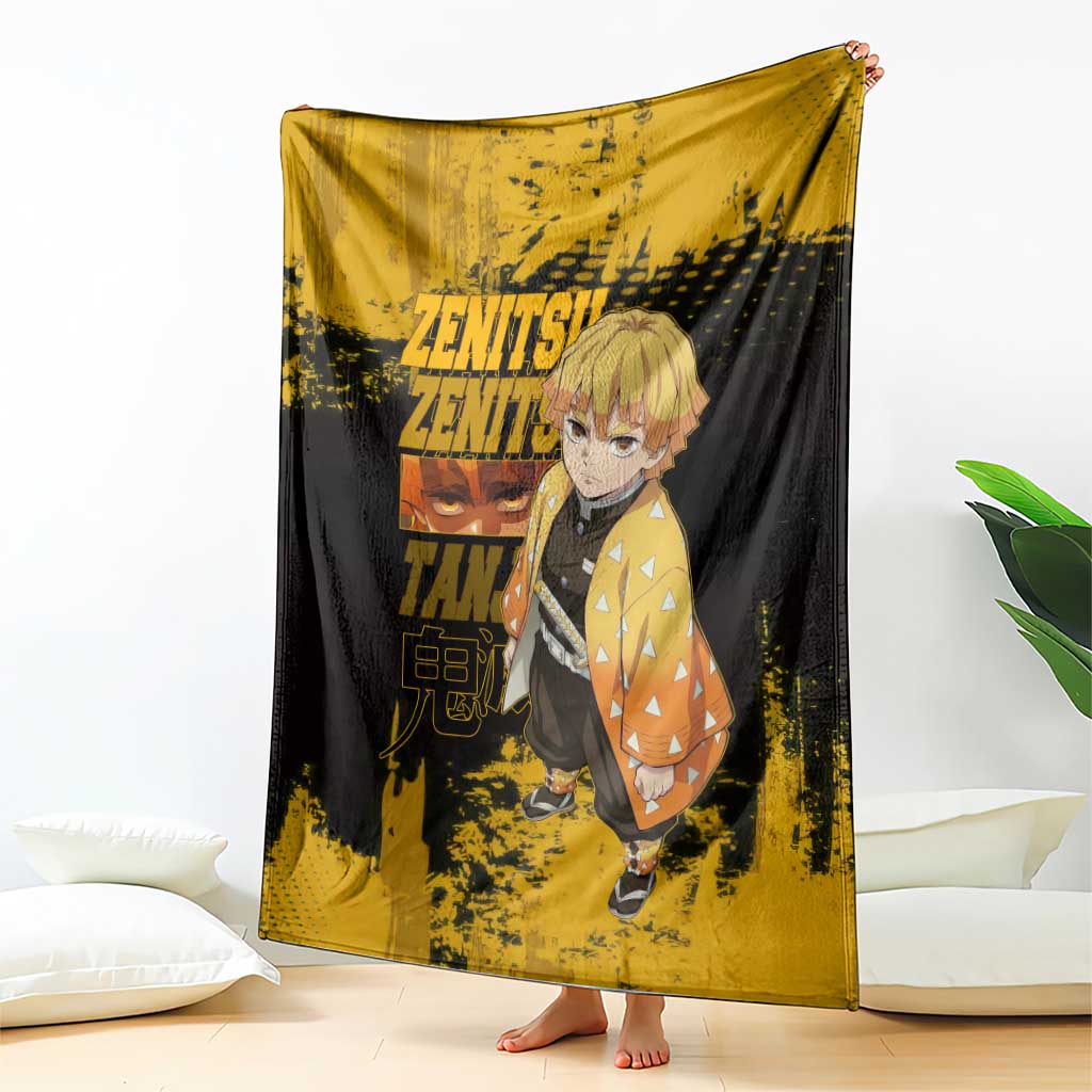 Zenitsu Agatsuma Demon Slayer Yellow Grunge Design Blanket with Lightning Eyes and Bold Pose - The Mazicc